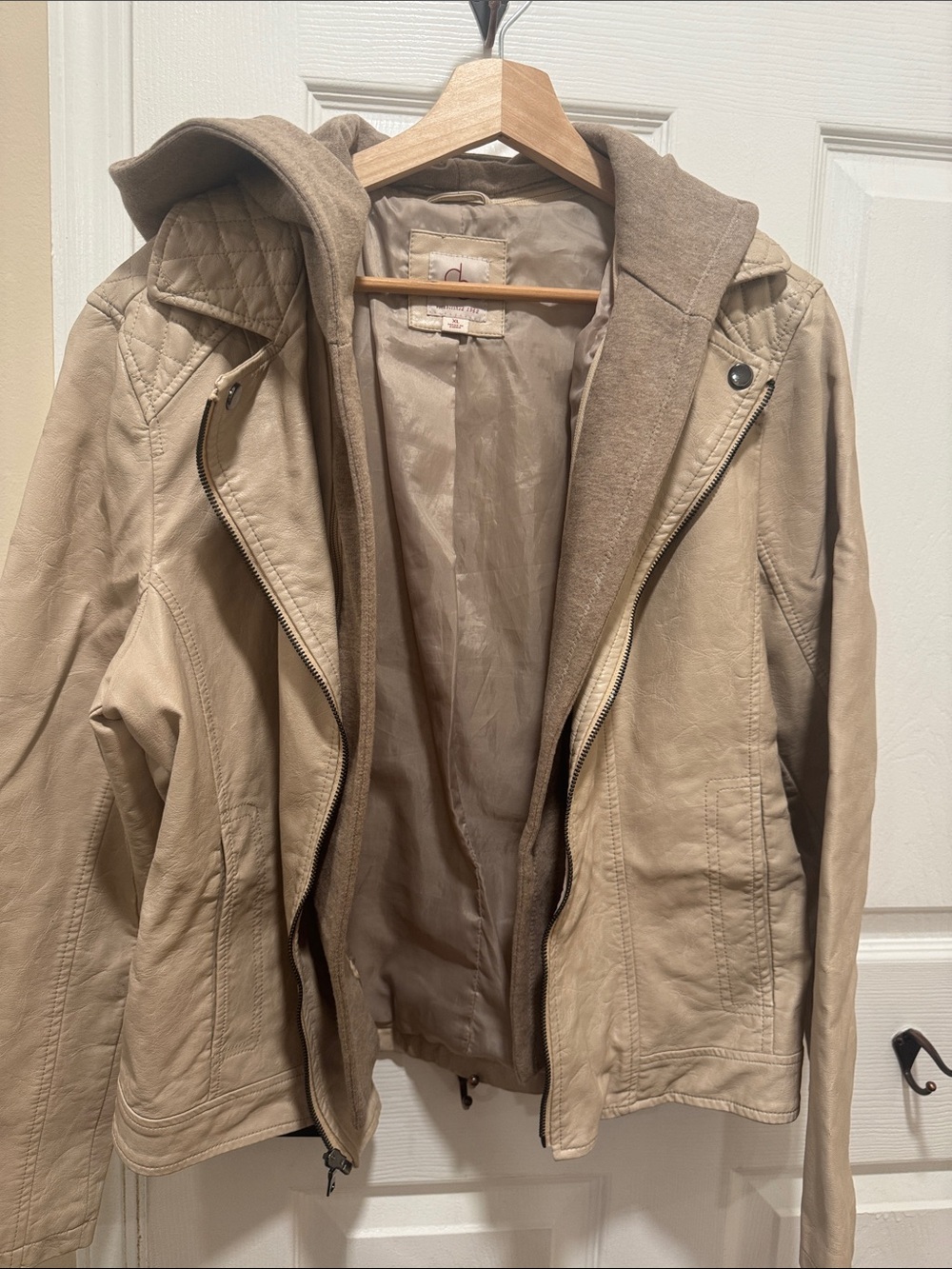 Women’s Tan Hooded Leather Jacket - Casual Zipper Coat